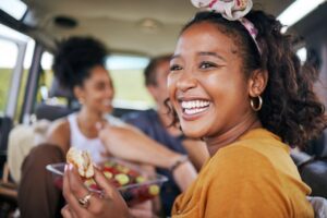 Woman eating a burger